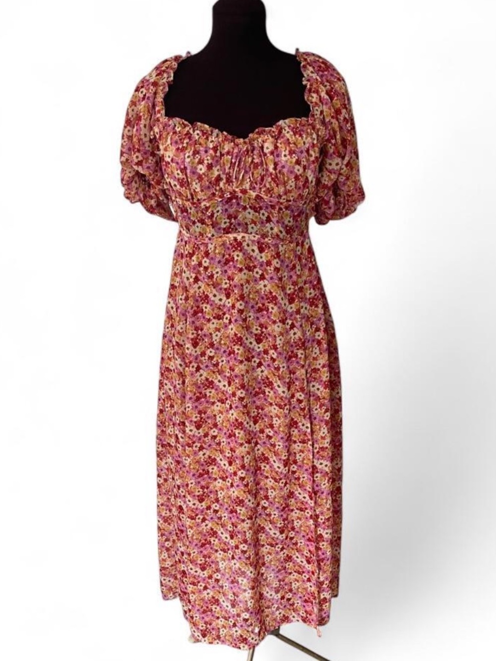 For Love And Lemons Rose Multi Floral Puff-Sleeve Midi Dress